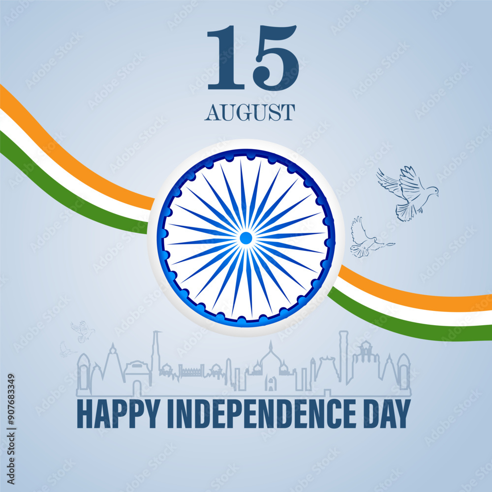 Indian Independence Day with the date 15th August the Indian flag ribbon the Ashoka Chakra, a peace dove,and a skyline of landmarks like the Taj Mahal The text Happy Independence Day is also feature Indian Independence Day with the date 15th August the Indian flag ribbon the Ashoka Chakra, a peace dove,and a skyline of landmarks like the Taj Mahal The text Happy Independence Day is also feature