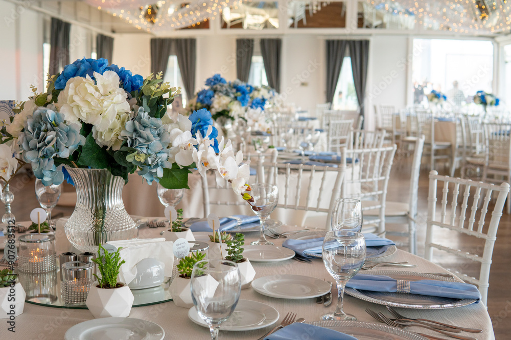Beautiful Wedding Venue in Istanbul: Tables with Floral Centerpieces and Bridge View