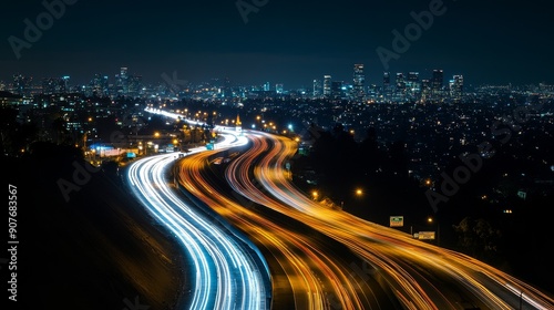 City highway at night with light trails and skyline. photo