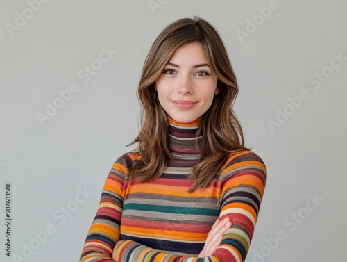 Studio portrait of a young happy woman looking to the camera, light grey background, wearing a turtle neck