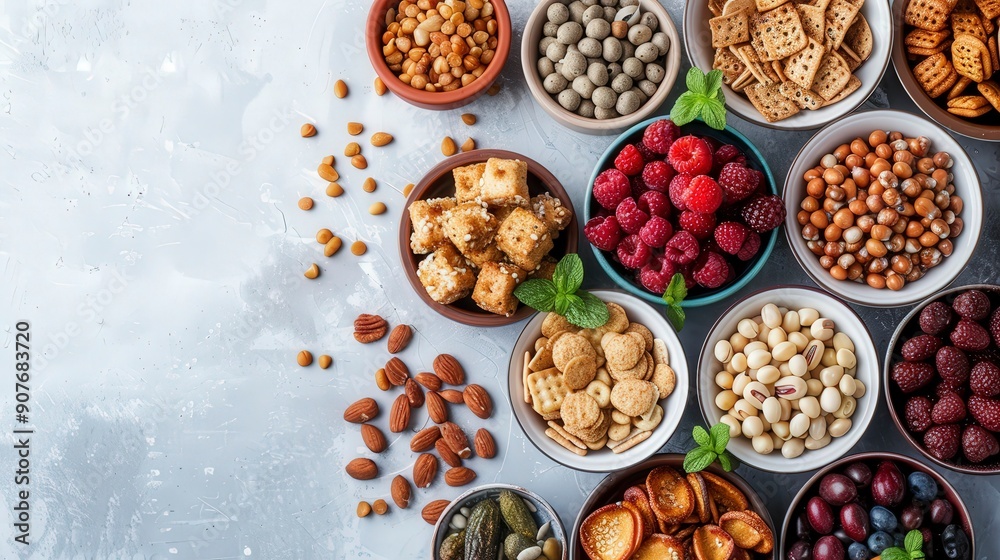 Assorted Snacks and Fruits in Bowls on Grey Background. Assorted Snacks and Fruits in Bowls on Grey Background.