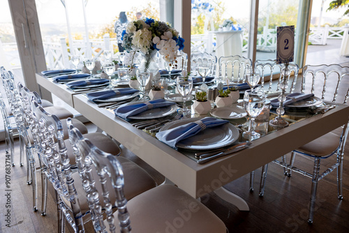 Beautiful Wedding Venue in Istanbul: Tables with Floral Centerpieces and Bridge View