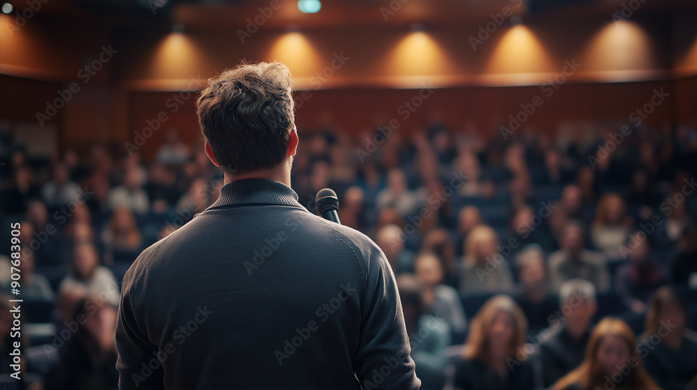 speaker giving presentation in hall at university, blurred audience in background, education and training concept, copy space area speaker giving presentation in hall at university, blurred audience in background, education and training concept, copy space area