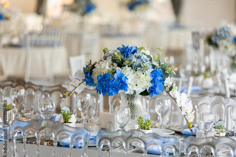 Beautiful Wedding Venue in Istanbul: Tables with Floral Centerpieces and Bridge View