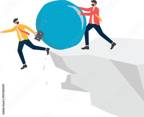 Businessman pushes down huge stone to stop companion,

