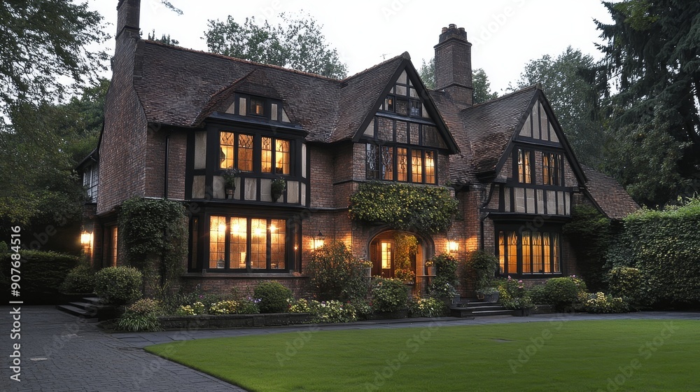 Charming Tudor-style house with warm interior glow. Charming Tudor-style house with warm interior glow.