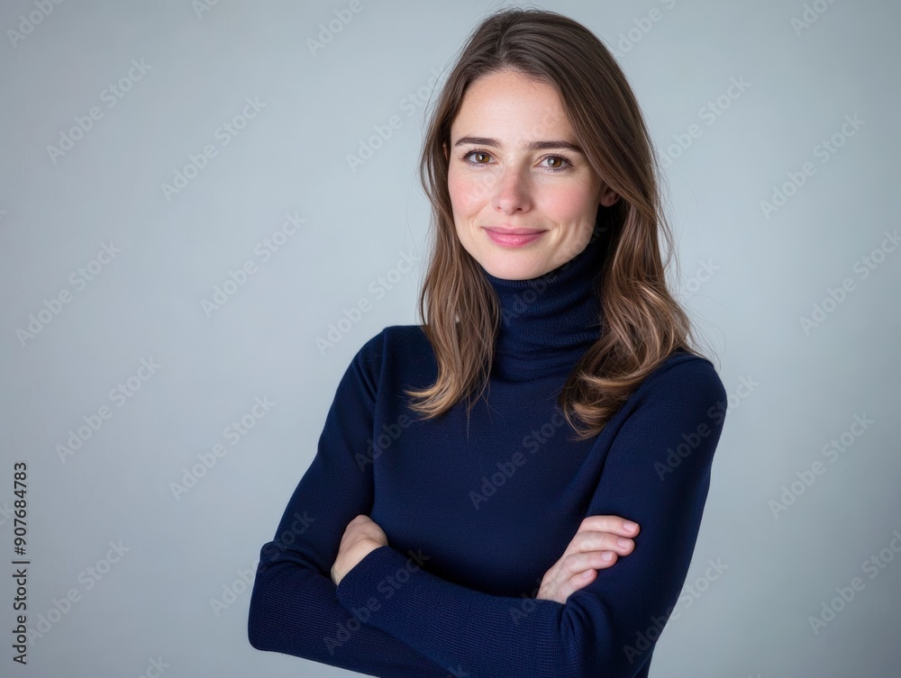 Fototapeta premium Studio portrait of a young happy woman looking to the camera, light grey background, wearing a turtle neck