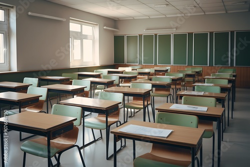 Classroom interior vintage wooden lecture wooden chairs and desks. Back to school concept in high school.