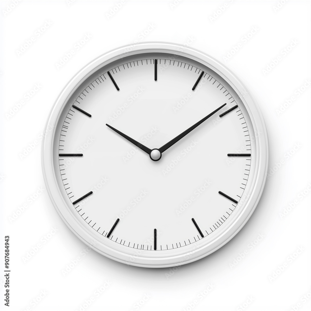 Simple and clean white wall clock with black hour, minute, and second hands, set against a plain white background