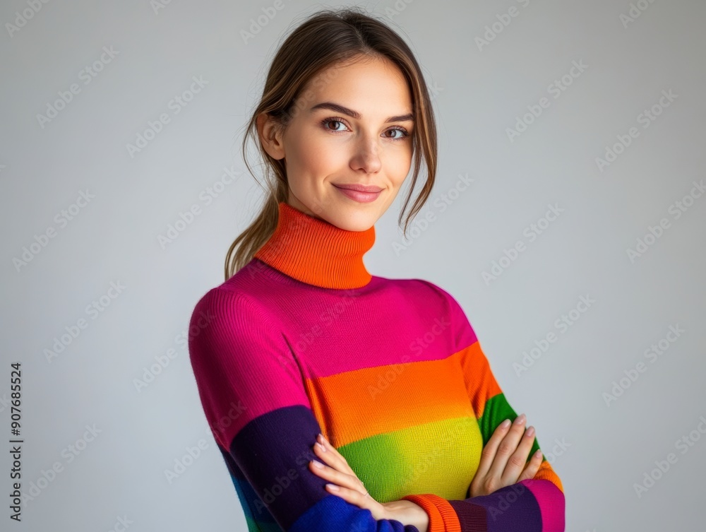 Studio portrait of a young happy woman looking to the camera, light grey background, wearing a turtle neck