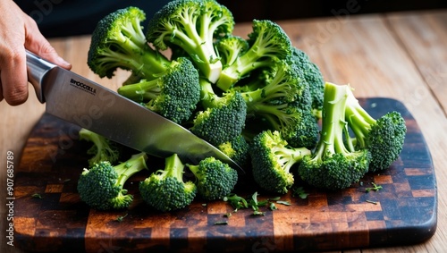 Fresh Broccoli Being Cut into Florets for Steaming photo