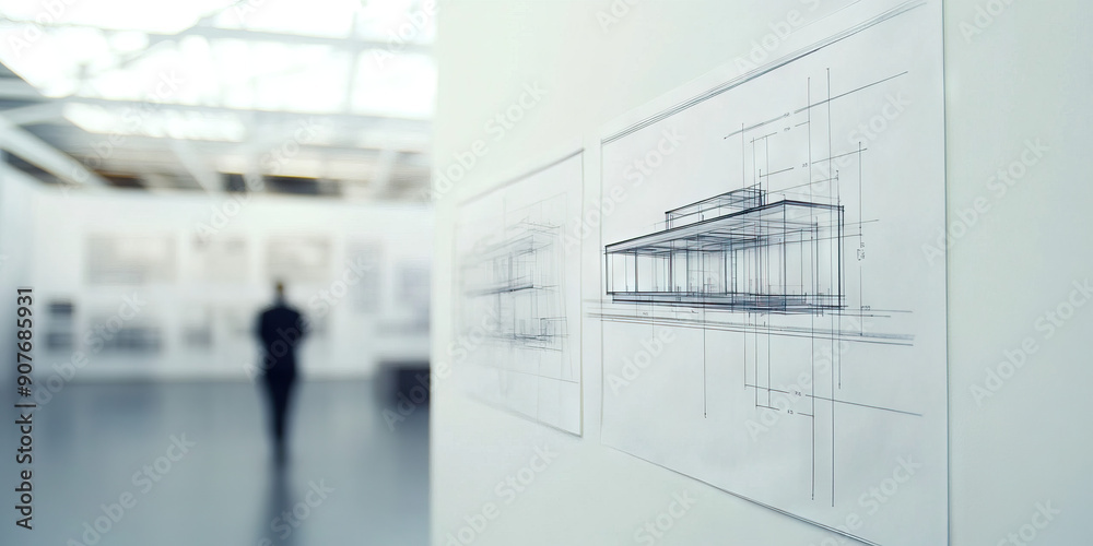 Fototapeta premium Precise Plans on Display: Blueprints hanging on a whitewall, showing a modern minimalist building