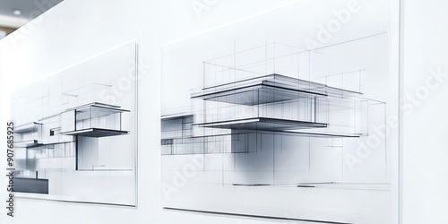 Precise Plans on Display: Blueprints hanging on a whitewall, showing a modern minimalist building
