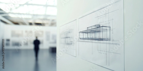 Precise Plans on Display: Blueprints hanging on a whitewall, showing a modern minimalist building