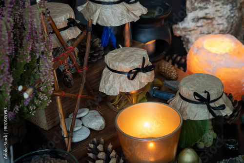Potions in glass jars. Magic items scene. Witchcraft objects background.