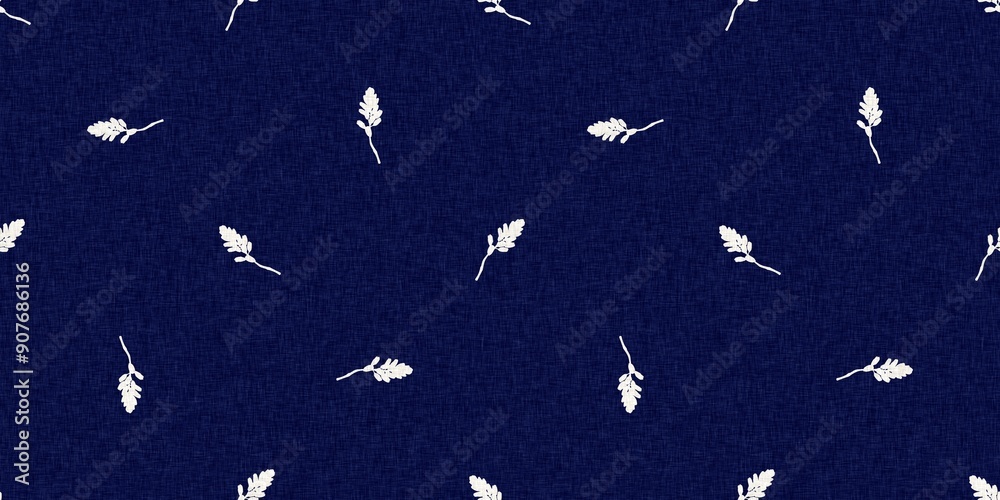 Fototapeta premium Indigo denim blue leaf motif seamless border. Japanese dye batik fabric style effect print edging swatch. 
