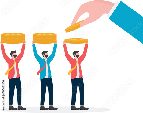 Paying wages and benefits, hand holding gold coins to businessmen standing in line one by one
