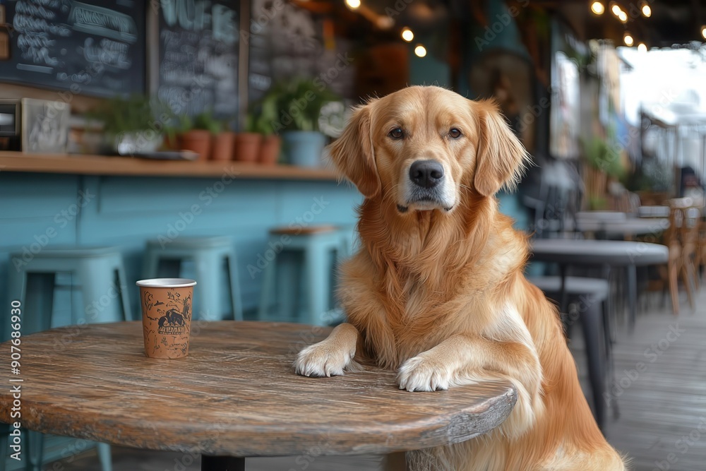 Golden Retriever Dog Sitting at a Table with a Coffee Cup. Golden Retriever Dog Sitting at a Table with a Coffee Cup.