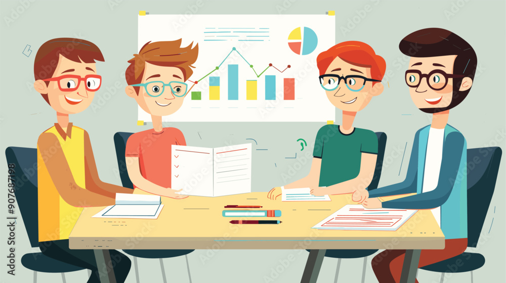 Four men their 30s discussing project plans smiling. Diverse team members casual attire working creative presentation. Office table charts background brainstorming ideas researching Four men their 30s discussing project plans smiling. Diverse team members casual attire working creative presentation. Office table charts background brainstorming ideas researching