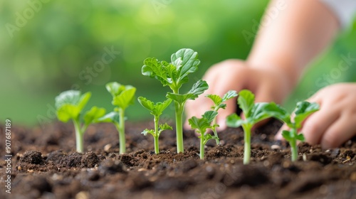 A child gently tending to young plant seedlings in rich soil, promoting growth and nurturing nature's beauty.