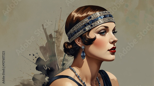 Watercolor Painting: This captivating Art Deco portrait captures the essence of a sophisticated flapper. With her bobbed hair, bejeweled headband, and bold lipstick,