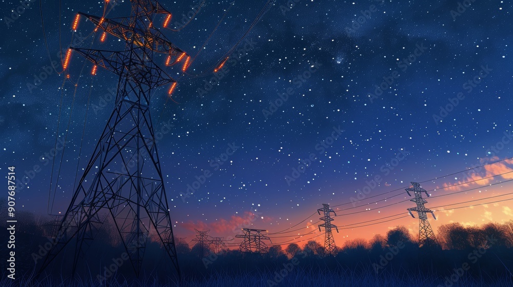 Electricity transmission towers with glowing orange wires under a starry night sky represent the concept of energy infrastructure. Electricity transmission towers with glowing orange wires under a starry night sky represent the concept of energy infrastructure.