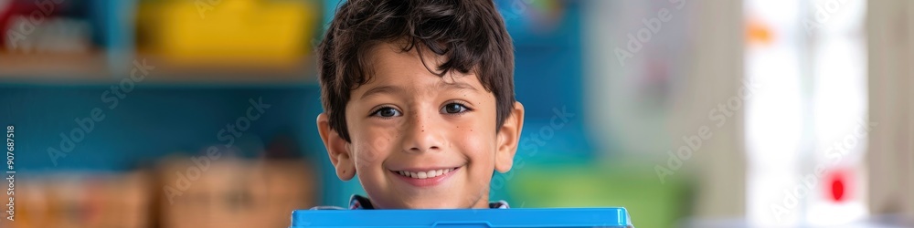 9 year old Latino boy with dark hair proudly displays his new lunch box for school 9 year old Latino boy with dark hair proudly displays his new lunch box for school