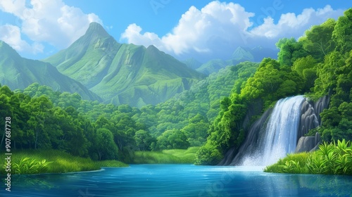 A serene landscape featuring a vibrant waterfall cascading into a tranquil lake, surrounded by lush green mountains and blue skies.