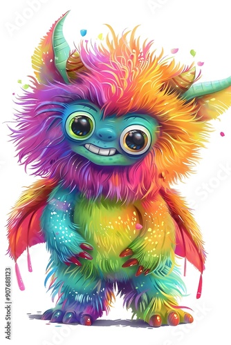 Playful monster with colorful fur and small wings, cute cartoon, isolated on white background