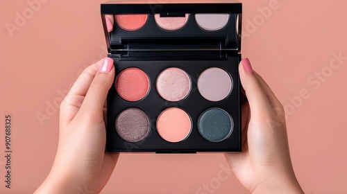 A vibrant eyeshadow palette featuring six stunning shades held in hands against a soft pink background.