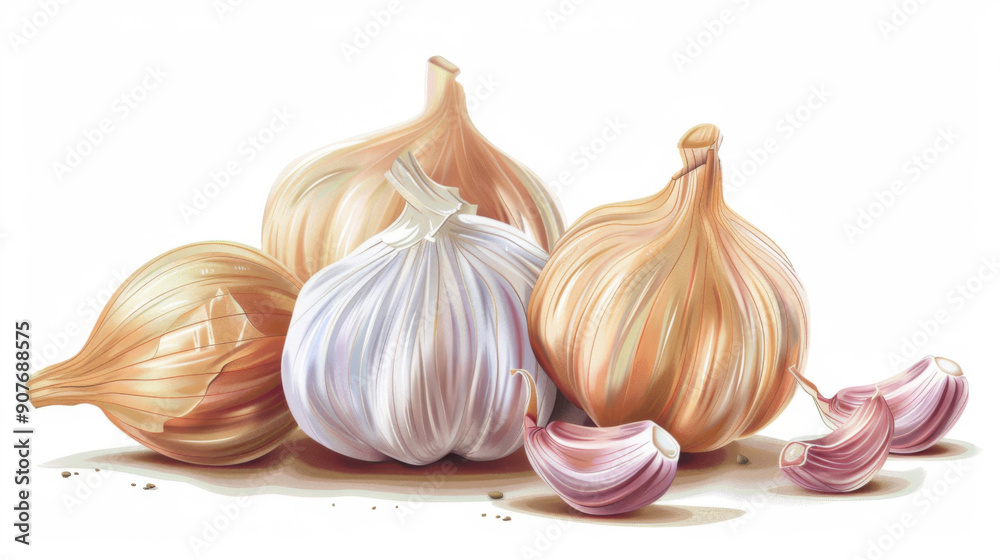 Obraz premium A bunch of garlic bulbs are displayed on a white background