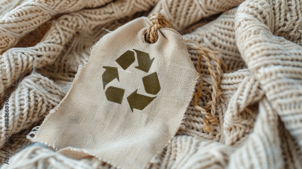 Fototapeta premium Organic cotton cloth recycling embodies zero waste, renewable materials for a sustainable lifestyle, shown with a recycle icon on the tag, emphasizing environmental care and reuse.