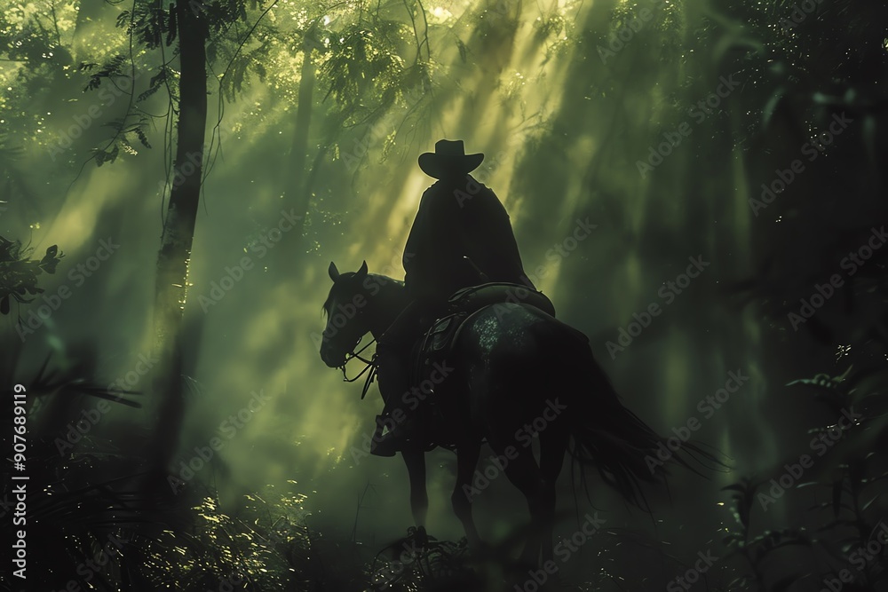 Fototapeta premium A cowboy in a black hat, riding a black stallion through a dense forest, with shafts of sunlight filtering through the trees and a sense of mystery