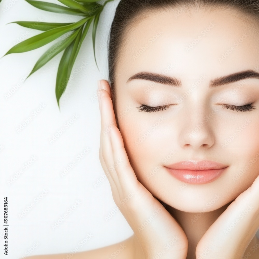 Radiant woman embraces natural beauty with leaves in a serene spa setting Radiant woman embraces natural beauty with leaves in a serene spa setting