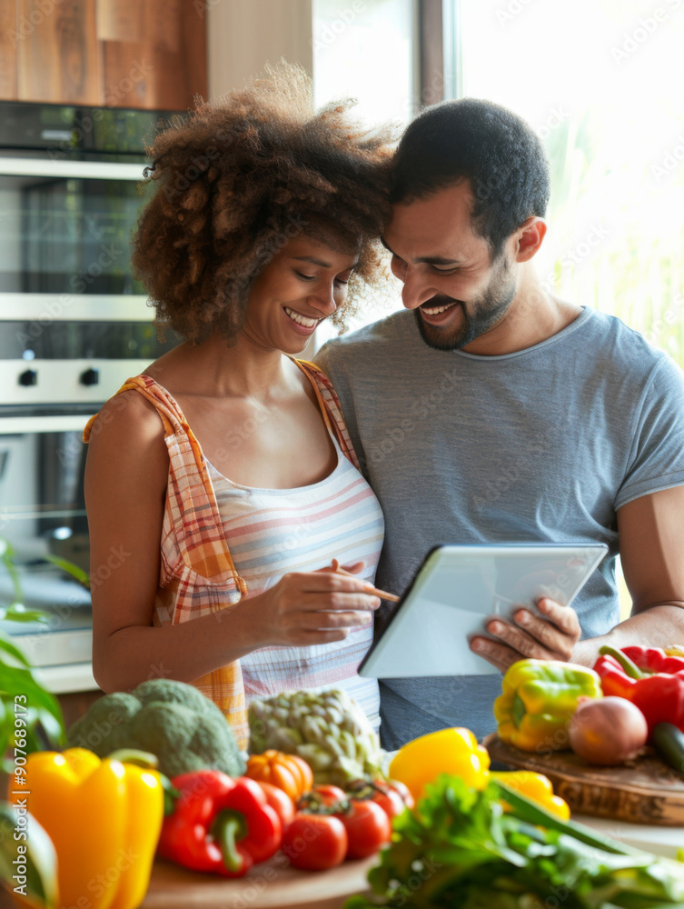 A man and woman are looking at a tablet while standing in front of a table full A man and woman are looking at a tablet while standing in front of a table full