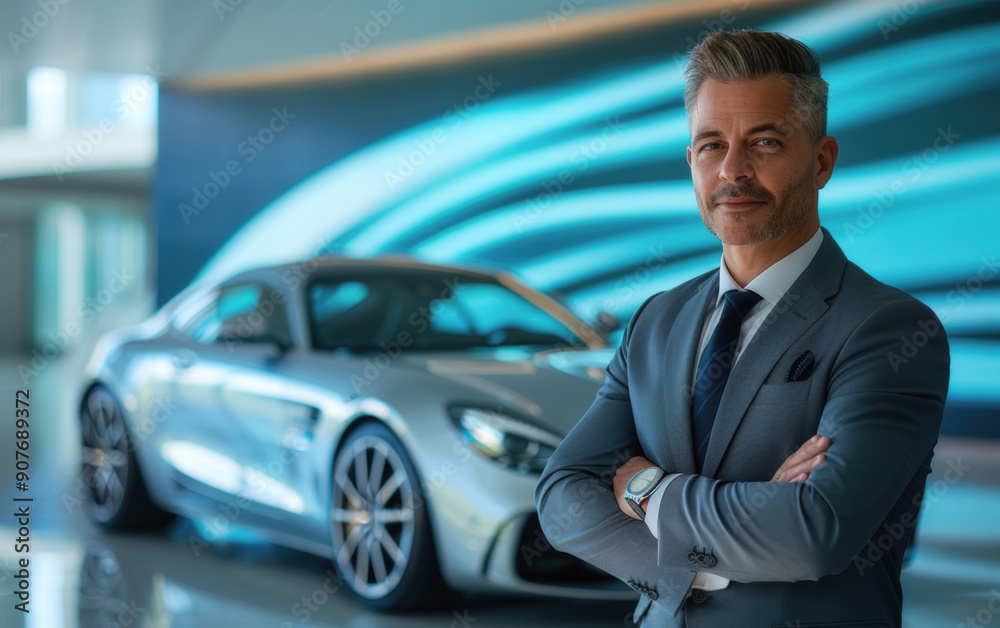 Car salesman is posing with his arms crossed in a modern car dealership showroom with a luxury sports car Car salesman is posing with his arms crossed in a modern car dealership showroom with a luxury sports car