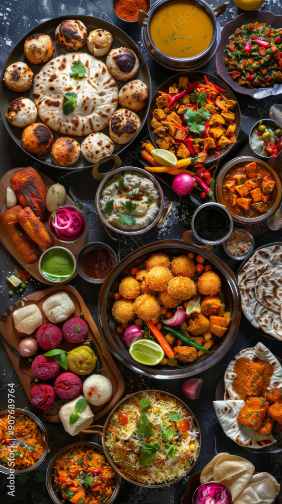 A table full of food with a variety of dishes including rice, potatoes A table full of food with a variety of dishes including rice, potatoes