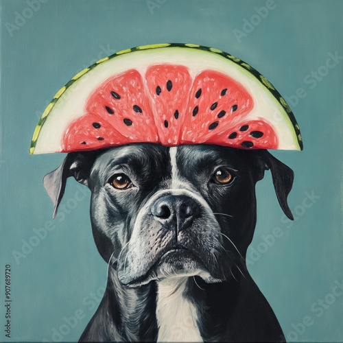 Dog wearing a watermelon slice hat, playful pet portrait, fun and quirky photo