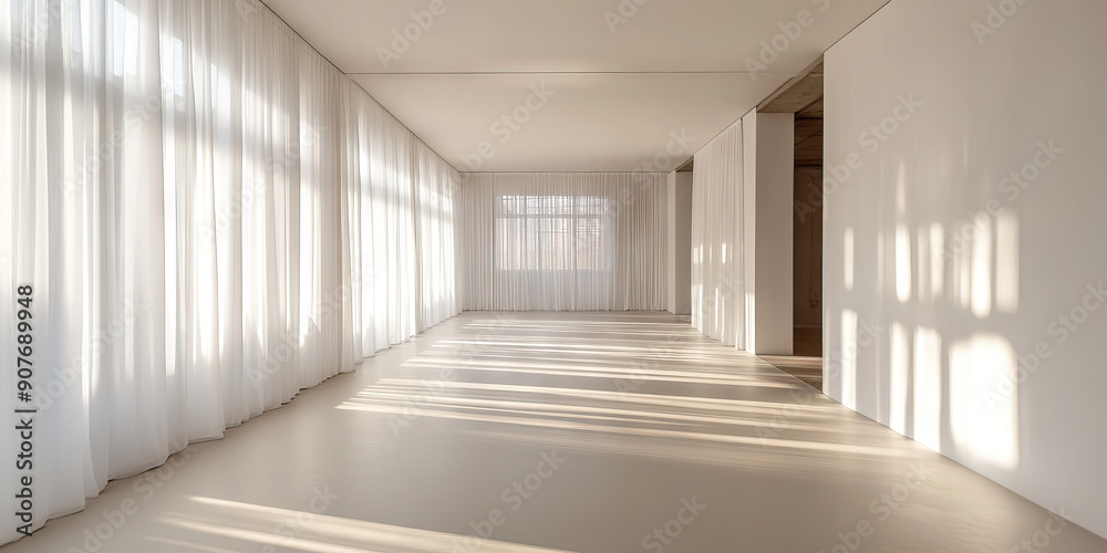 Obraz premium Ethereal Emptiness: A spacious, white-walled room, devoid of any clutter or furniture, illuminated by soft, natural light filtering through sheer curtains.