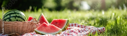 Watermelon picnic setup with a blanket and basket, outdoor dining, family fun in the sun photo