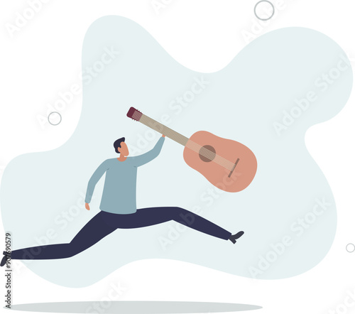 Creative man doing artistic activities. man with a guitar greets and waves his hand.flat design.illustration with people.