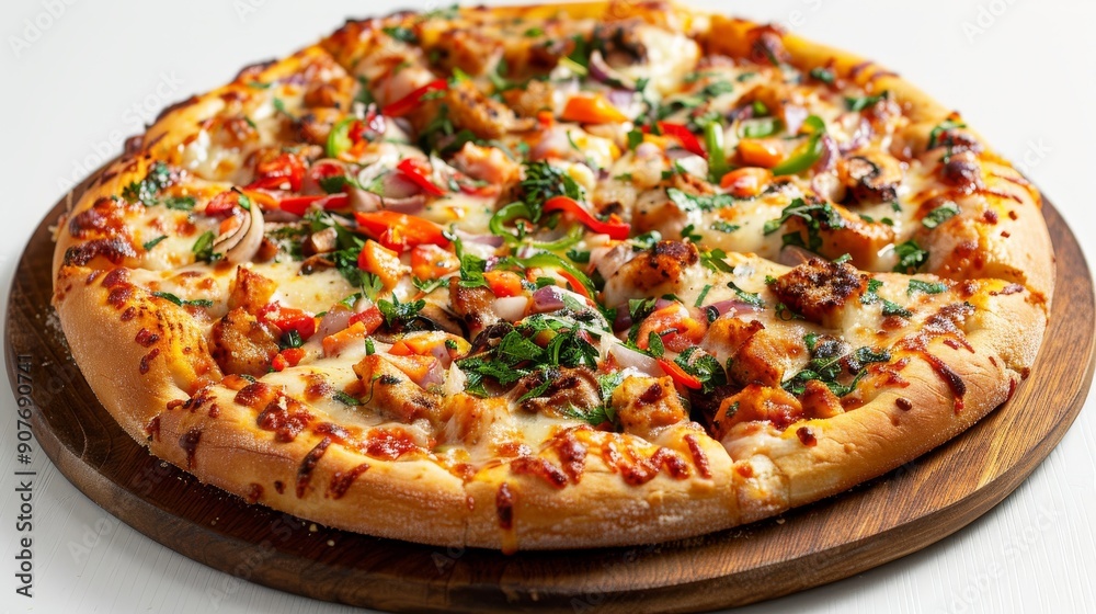 Cheesy pizza topped with fresh basil and mozzarella, served on a rustic wooden board against a bright white background Cheesy pizza topped with fresh basil and mozzarella, served on a rustic wooden board against a bright white background