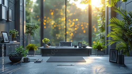 Modern office interior with a large window. 3d rendering mock up. Zoom office background