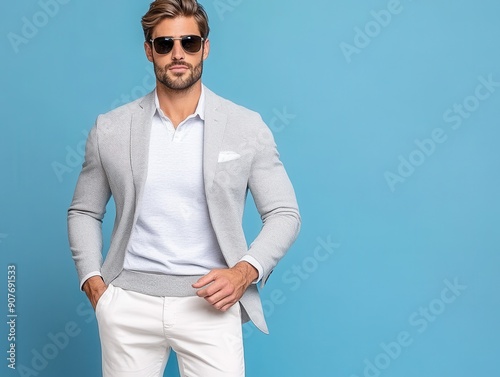 Stylish Man in Modern Casual Outfit with Sunglasses Against Blue Background