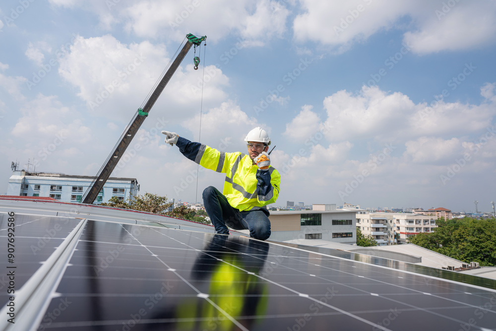 custom made wallpaper toronto digitalEngineer service check installation solar cell on the roof of factory. Silhouette technician inspection and repair solar cell on the roof of factory. Technology solar energy renewable.