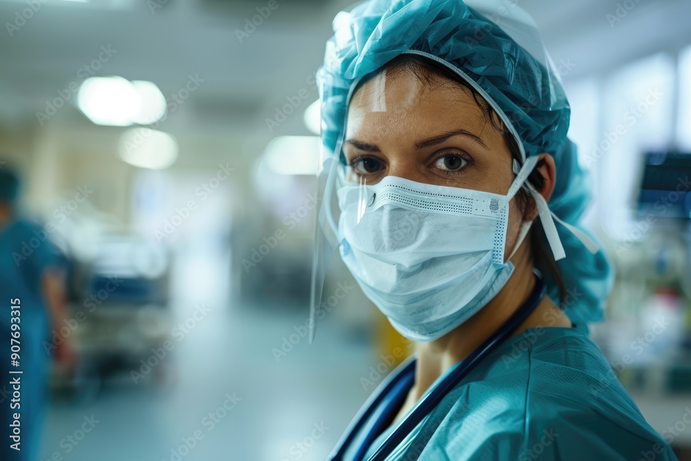 Focused female nurse in scrubs with mask in hospital Focused female nurse in scrubs with mask in hospital