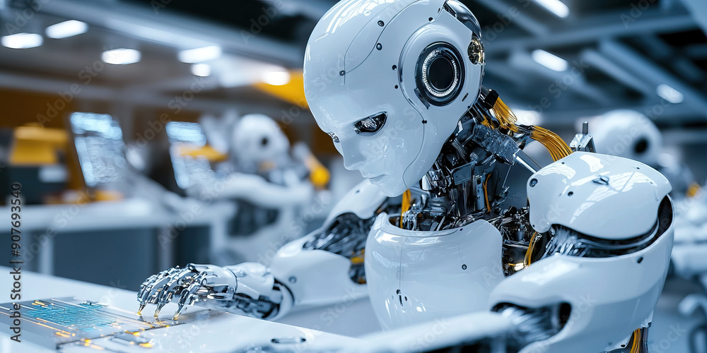 Fototapeta premium The Robotics Workshop: A pristine white lab with sleek robotic arms and sparkling tools.