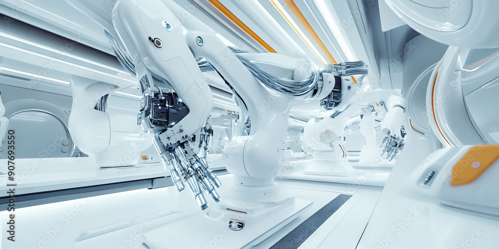 The Robotics Workshop: A pristine white lab with sleek robotic arms and sparkling tools. The Robotics Workshop: A pristine white lab with sleek robotic arms and sparkling tools.