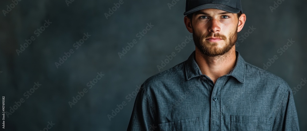Portrait of a Bearded Man in a Gray Shirt and Black Cap Against a Dark Background Portrait of a Bearded Man in a Gray Shirt and Black Cap Against a Dark Background