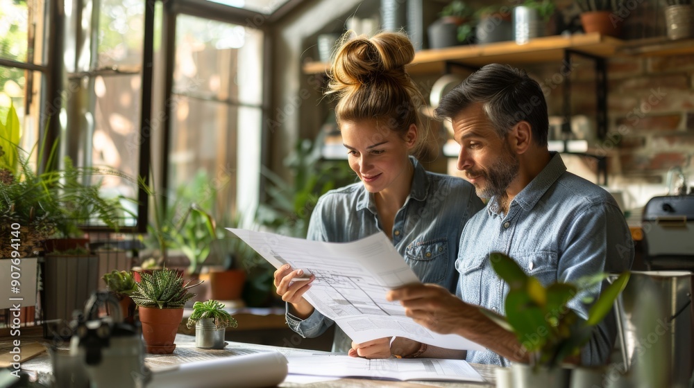Construction site collaboration: man and woman reviewing detailed blueprints together Construction site collaboration: man and woman reviewing detailed blueprints together